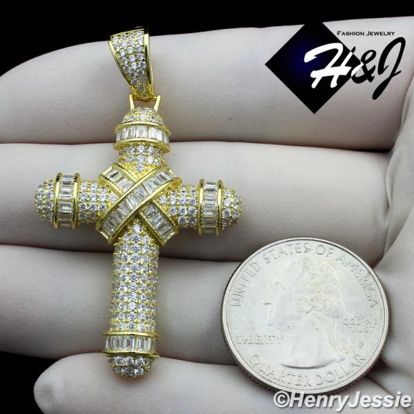 MEN 925 STERLING SILVER ICY BLING CUBIC ZIRCONIA 3D GOLD PLATED CROSS PENDANT*GP232