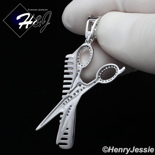 MEN WOMEN SOLID 925 STERLING SILVER ICY BLING CZ 3D COMB SCISSORS PENDANT*SP224