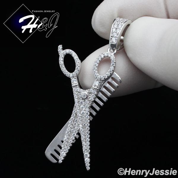 MEN WOMEN SOLID 925 STERLING SILVER ICY BLING CZ 3D COMB SCISSORS PENDANT*SP224