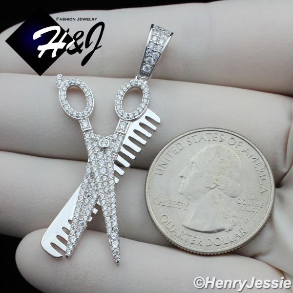 MEN WOMEN SOLID 925 STERLING SILVER ICY BLING CZ 3D COMB SCISSORS PENDANT*SP224