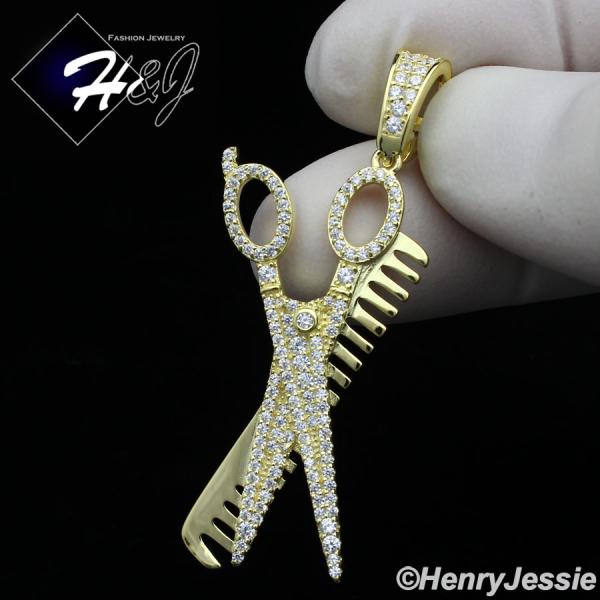 MEN WOMEN 925 STERLING SILVER ICY BLING CZ GOLD PLATED 3D COMB SCISSORS PENDANT*GP224