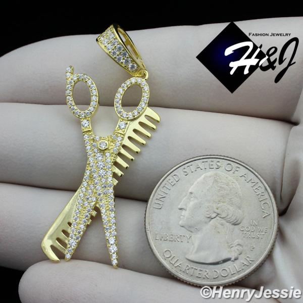 MEN WOMEN 925 STERLING SILVER ICY BLING CZ GOLD PLATED 3D COMB SCISSORS PENDANT*GP224