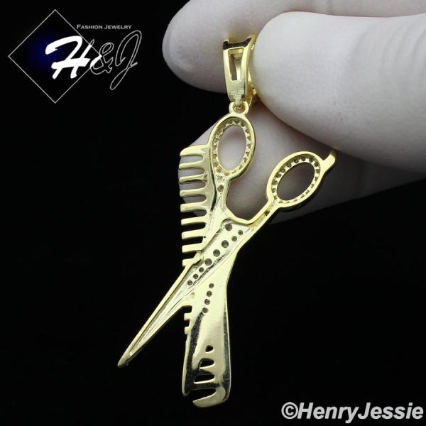 MEN WOMEN 925 STERLING SILVER ICY BLING CZ GOLD PLATED 3D COMB SCISSORS PENDANT*GP224