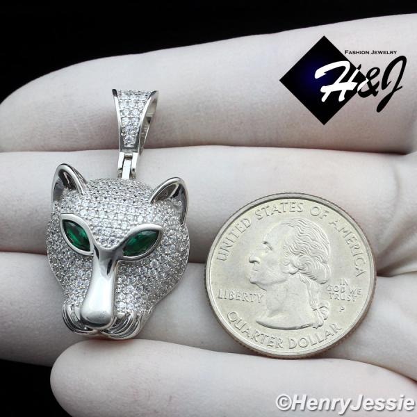 MEN SOLID 925 STERLING SILVER ICY BLING CZ SILVER 3D LEOPARD HEAD PENDANT*SP403