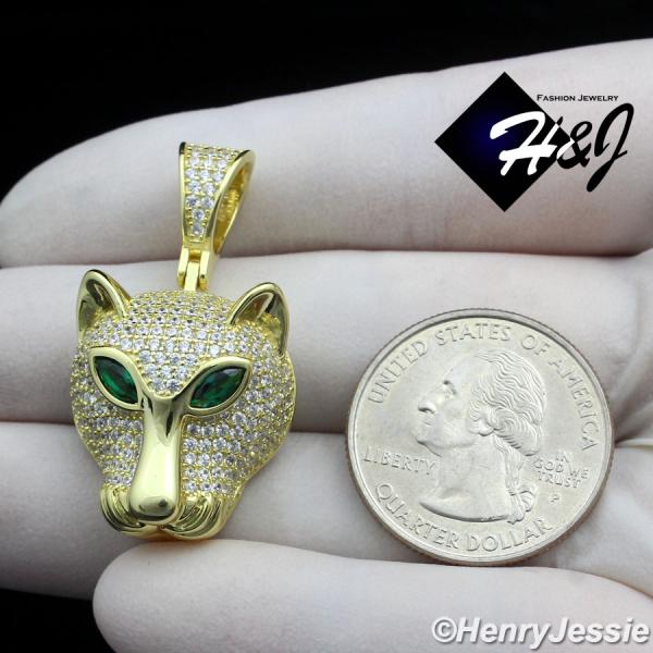 MEN 925 STERLING SILVER ICY BLING CZ GOLD PLATED 3D LEOPARD HEAD PENDANT*GP403