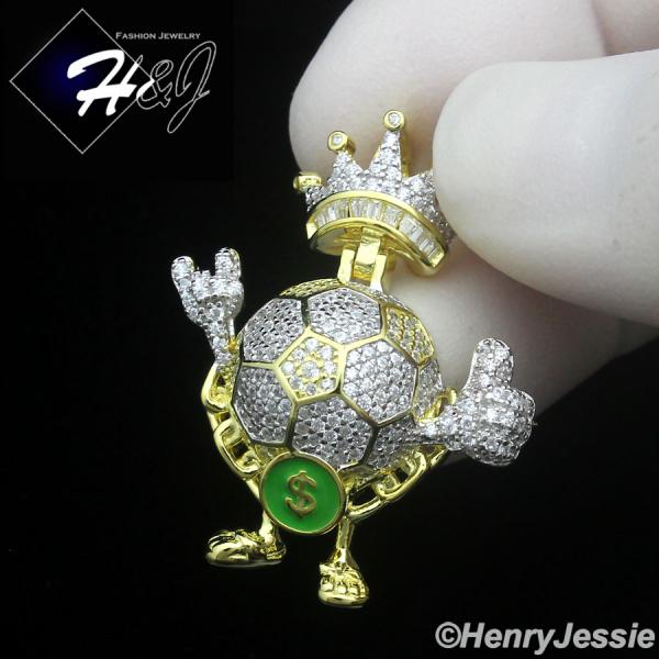 925 STERLING SILVER ICY BLING CZ GOLD PLATED 3D HIPHOP SOCCER KING PENDANT*GP481