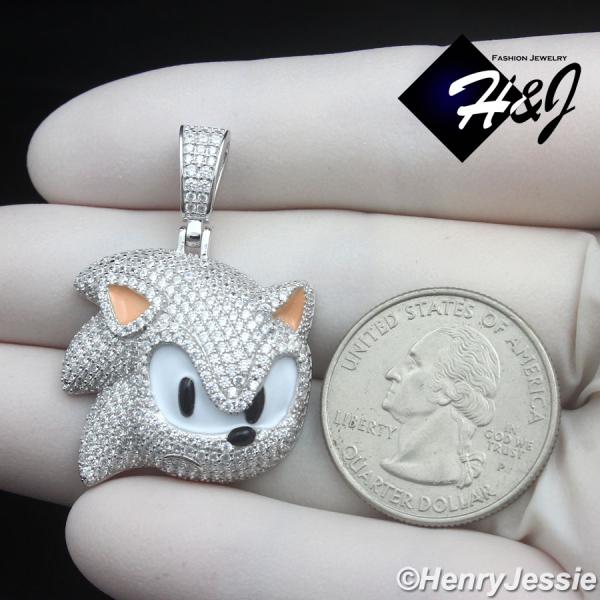 925 STERLING SILVER FULL ICY BLING CZ HIPHOP 3D SONIC CARTOON PENDANT*SP489