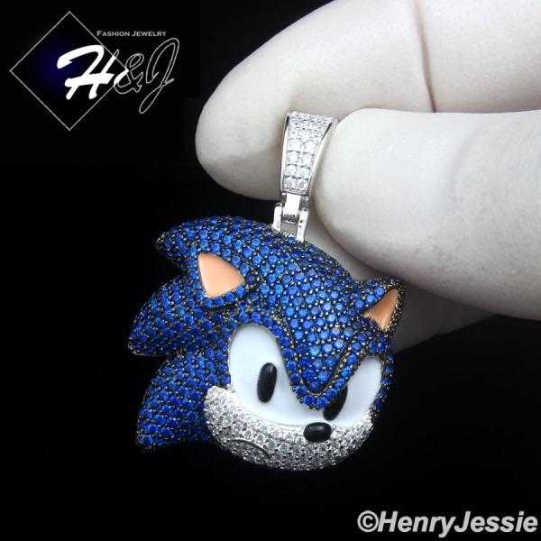 925 STERLING SILVER FULL ICY BLUE CZ HIPHOP 3D SONIC CARTOON PENDANT*SBP489