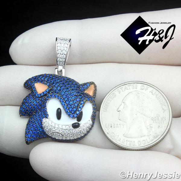 925 STERLING SILVER FULL ICY BLUE CZ HIPHOP 3D SONIC CARTOON PENDANT*SBP489