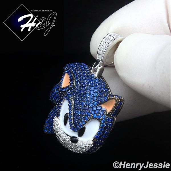 925 STERLING SILVER FULL ICY BLUE CZ HIPHOP 3D SONIC CARTOON PENDANT*SBP489