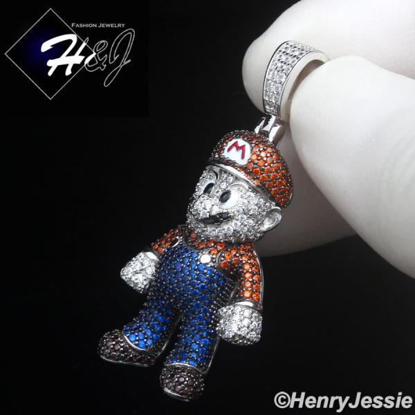 MEN SOLID 925 STERLING SILVER ICY BLING CZ HIPHOP 3D SUPER MARIO PENDANT*SP499