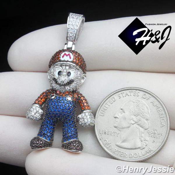 MEN SOLID 925 STERLING SILVER ICY BLING CZ HIPHOP 3D SUPER MARIO PENDANT*SP499
