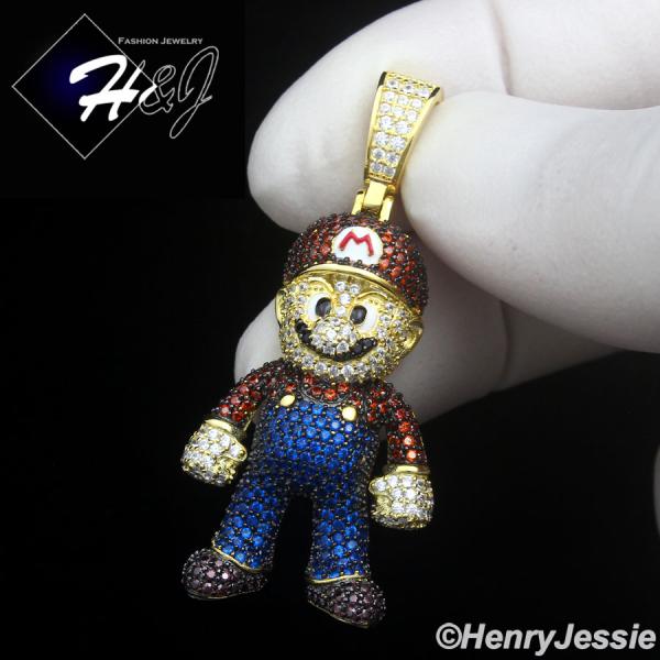 MEN 925 STERLING SILVER ICY CZ HIPHOP GOLD PLATED 3D SUPER MARIO PENDANT*GP499
