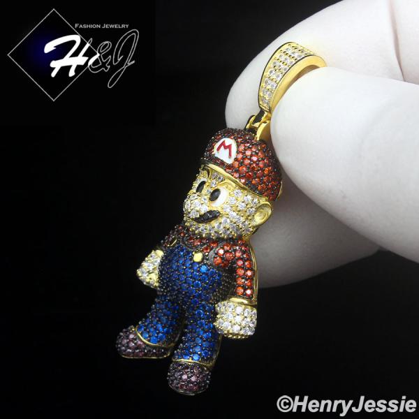 MEN 925 STERLING SILVER ICY CZ HIPHOP GOLD PLATED 3D SUPER MARIO PENDANT*GP499