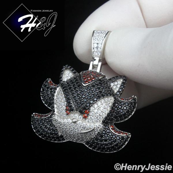 MEN SOLID 925 STERLING SILVER FULL ICY BLACK CZ SHADOW THE HEDGEHOG PENDANT*P500