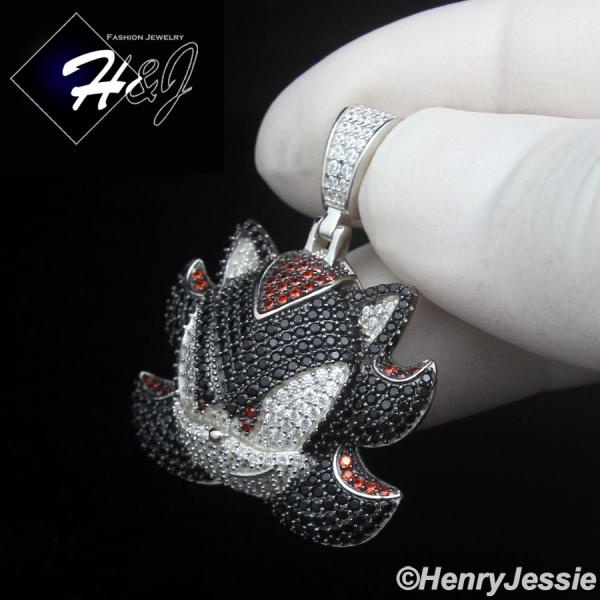 MEN SOLID 925 STERLING SILVER FULL ICY BLACK CZ SHADOW THE HEDGEHOG PENDANT*P500