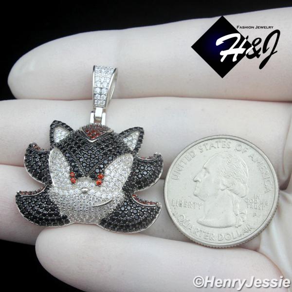 MEN SOLID 925 STERLING SILVER FULL ICY BLACK CZ SHADOW THE HEDGEHOG PENDANT*P500