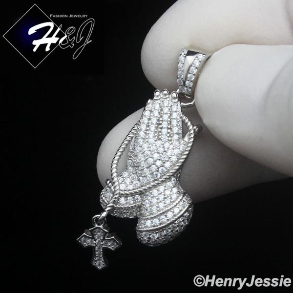 MEN WOMEN SOLID 925 STERLING SILVER ICY CZ 3D CROSS PRAYING HANDS PENDANT*SP501