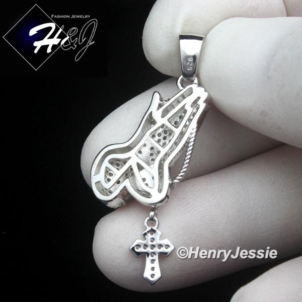 MEN WOMEN SOLID 925 STERLING SILVER ICY CZ 3D CROSS PRAYING HANDS PENDANT*SP501