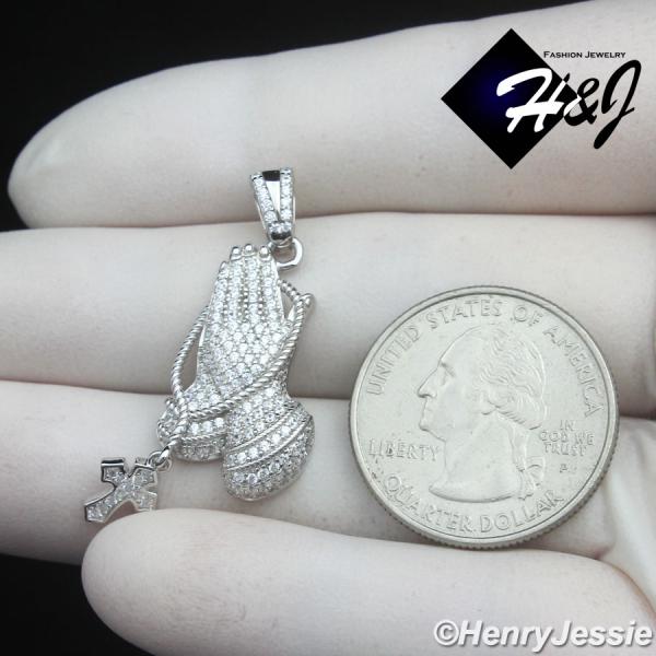MEN WOMEN SOLID 925 STERLING SILVER ICY CZ 3D CROSS PRAYING HANDS PENDANT*SP501
