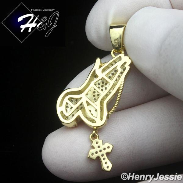 MEN WOMEN 925 STERLING SILVER ICY CZ GOLD PLATED 3D CROSS PRAYING HANDS PENDANT*GP501