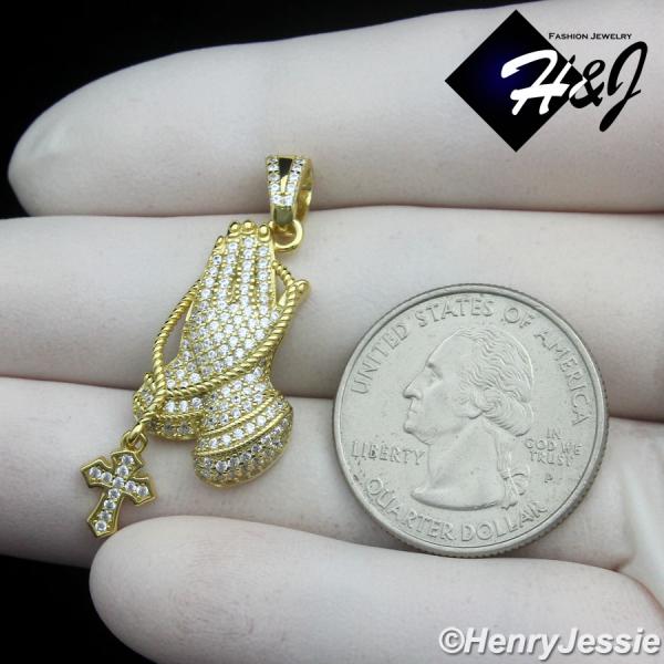 MEN WOMEN 925 STERLING SILVER ICY CZ GOLD PLATED 3D CROSS PRAYING HANDS PENDANT*GP501