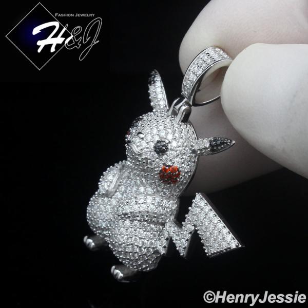 MEN SOLID 925 STERLING SILVER BLING CZ 3D HIPHOP PICKACHU POKEMON PENDANT*SP510
