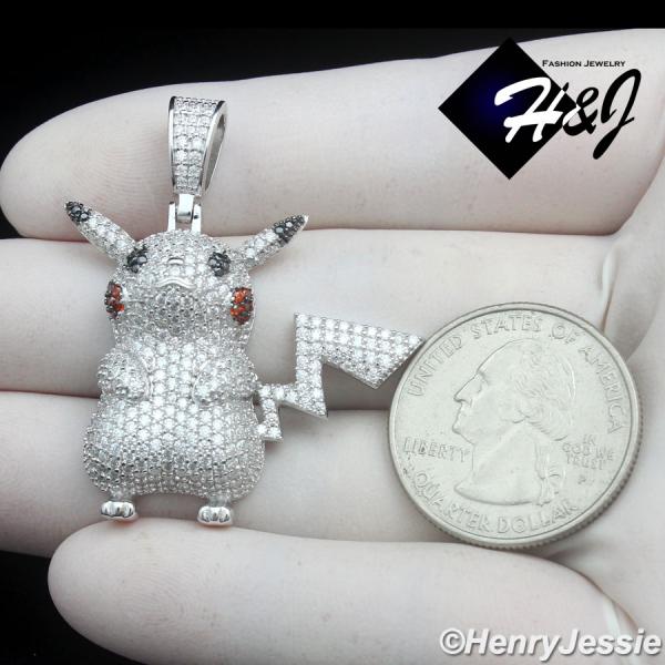 MEN SOLID 925 STERLING SILVER BLING CZ 3D HIPHOP PICKACHU POKEMON PENDANT*SP510