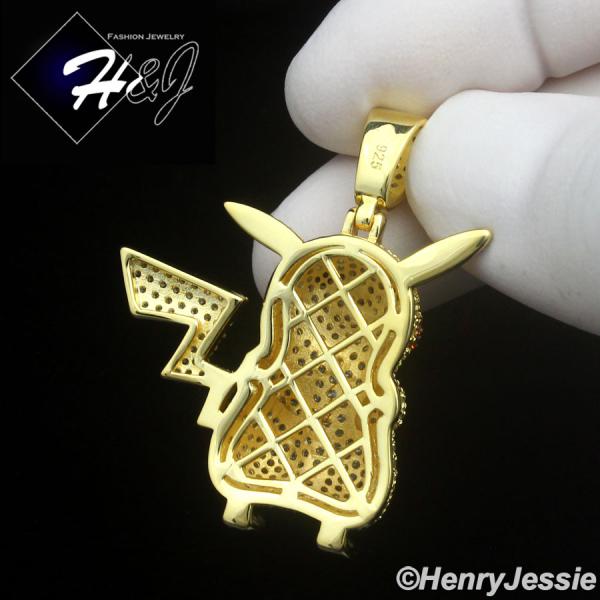 MEN 925 STERLING SILVER BLING CZ 3D GOLD PLATED HIPHOP PICKACHU POKEMON PENDANT*GP510
