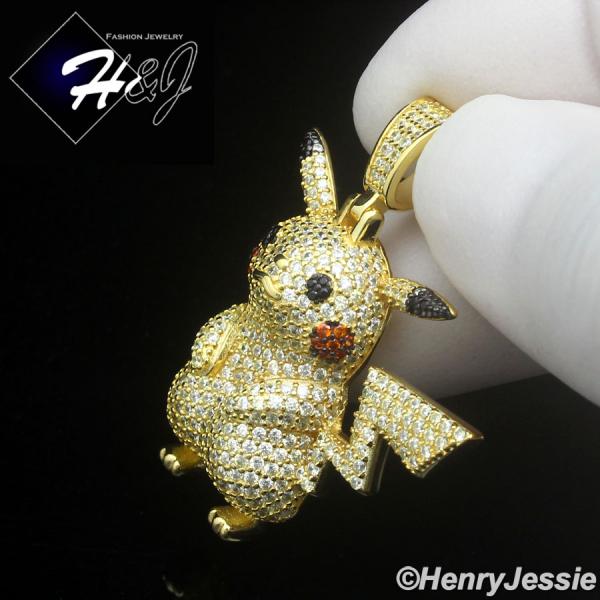 MEN 925 STERLING SILVER BLING CZ 3D GOLD PLATED HIPHOP PICKACHU POKEMON PENDANT*GP510