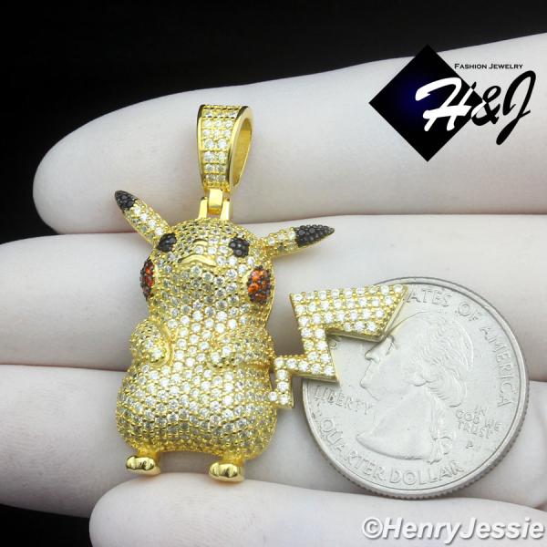 MEN 925 STERLING SILVER BLING CZ 3D GOLD PLATED HIPHOP PICKACHU POKEMON PENDANT*GP510