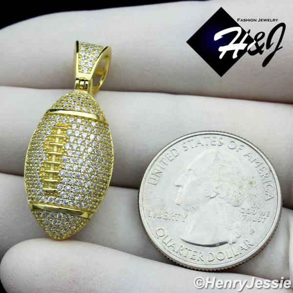MEN WOMEN 925 STERLING SILVER ICY BLING CZ GOLD PLATED 3D FOOTBALL PENDANT*GP205
