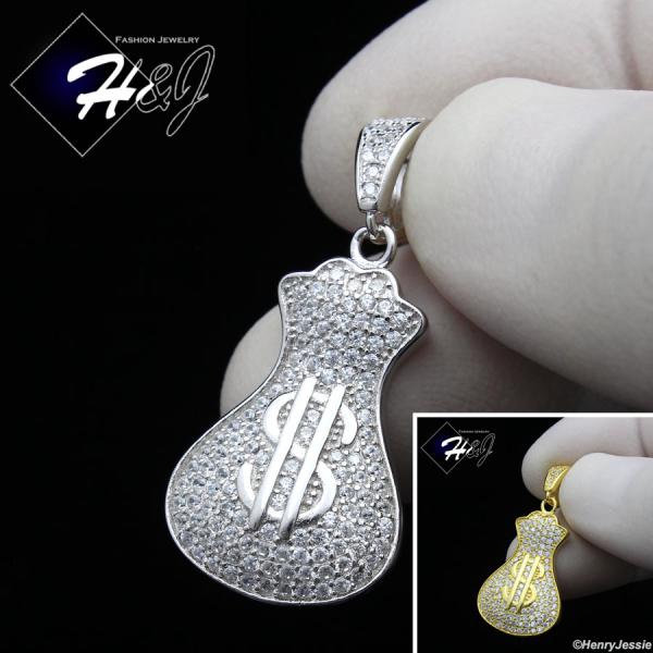 925 STERLING SILVER ICY BLING CZ GOLD PLATED/SILVER 3D MONEY BAG PENDANT*SP250