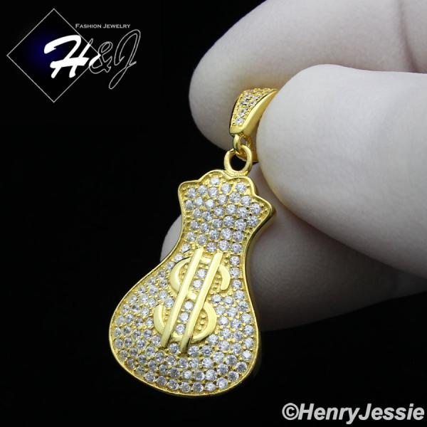 925 STERLING SILVER ICY BLING CZ GOLD PLATED/SILVER 3D MONEY BAG PENDANT*SP250