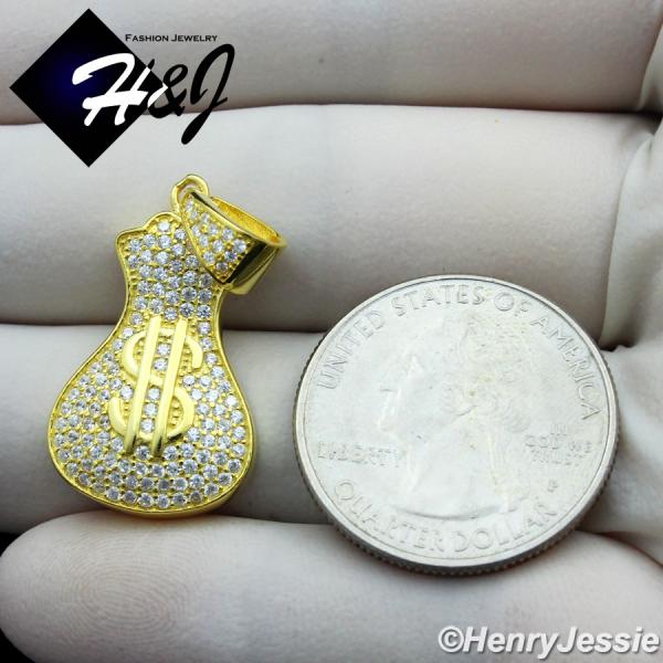 925 STERLING SILVER ICY BLING CZ GOLD PLATED/SILVER 3D MONEY BAG PENDANT*SP250