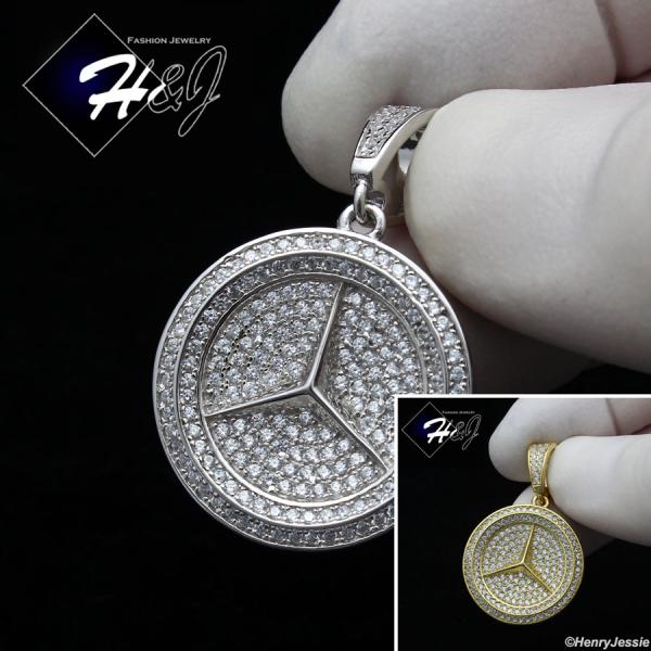 MEN 925 STERLING SILVER ICY BLING CZ GOLD PLATED/SILVER 3D ROUND PENDANT*SP279