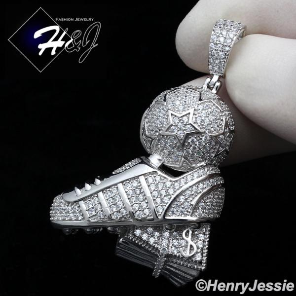 MEN SOLID 925 STERLING SILVER ICY BLING CZ SOCCER FOOTBALL SHOE BALL PENDANT*SP304