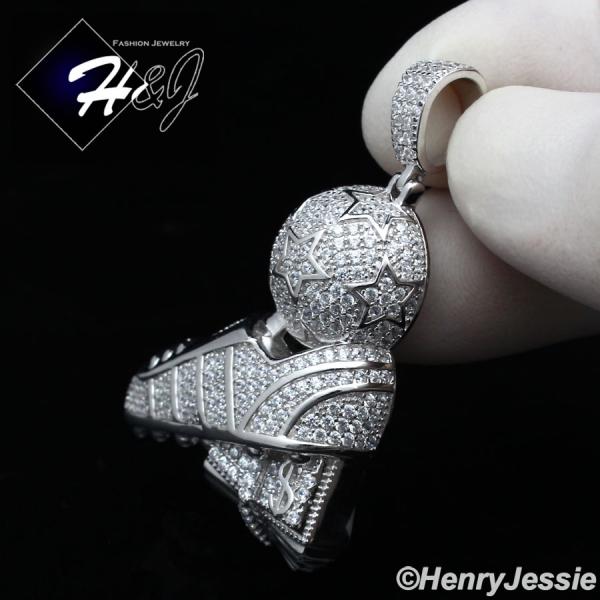 MEN SOLID 925 STERLING SILVER ICY BLING CZ SOCCER FOOTBALL SHOE BALL PENDANT*SP304