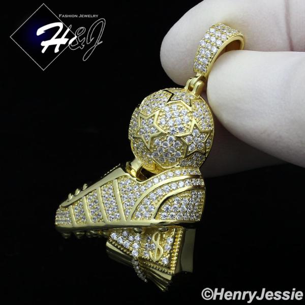 MEN 925 STERLING SILVER ICY BLING CZ 3D GOLD PLATED SOCCER FOOTBALL SHOE BALL PENDANT*GP304