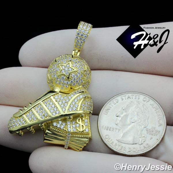 MEN 925 STERLING SILVER ICY BLING CZ 3D GOLD PLATED SOCCER FOOTBALL SHOE BALL PENDANT*GP304