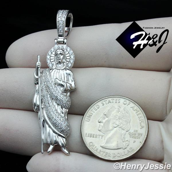MEN WOMEN SOLID 925 STERLING SILVER ICY BLING CZ 3D SAN JUDAS ST.JUDE PENDANT*SP329