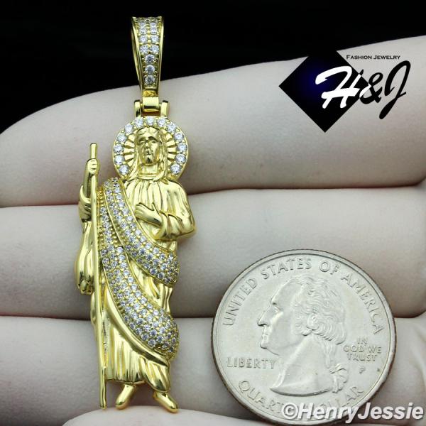 MEN WOMEN 925 STERLING SILVER ICY BLING CZ 3D GOLD PLATED SAN JUDAS ST.JUDE PENDANT*GP329
