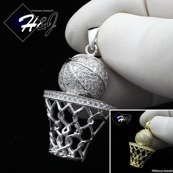 925 STERLING SILVER ICY BLING CZ GOLD PLATED/SILVER 3D BASKETBALL PENDANT*SP198