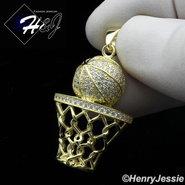 925 STERLING SILVER ICY BLING CZ GOLD PLATED/SILVER 3D BASKETBALL PENDANT*SP198