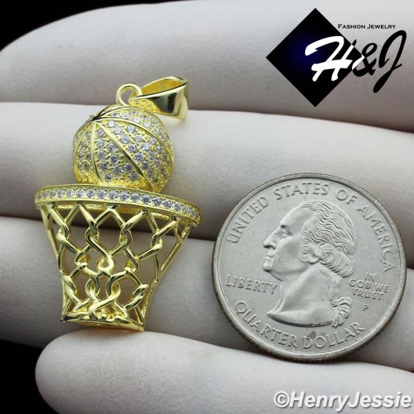 925 STERLING SILVER ICY BLING CZ GOLD PLATED/SILVER 3D BASKETBALL PENDANT*SP198