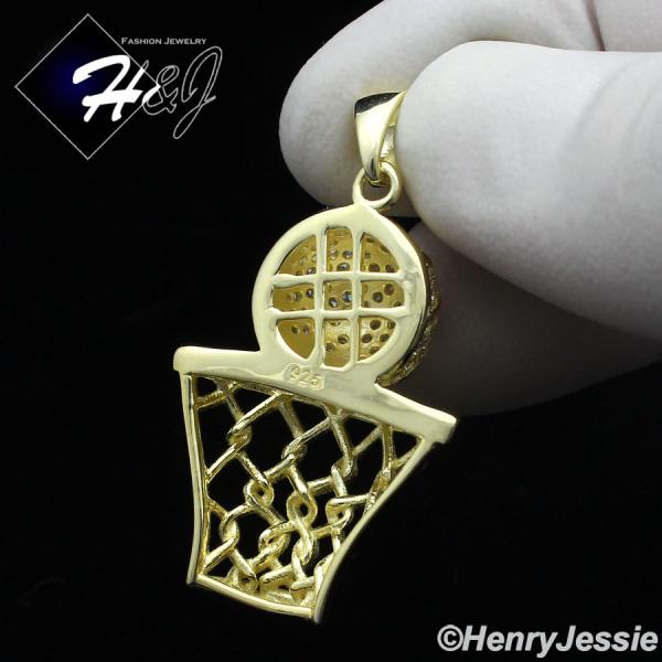 925 STERLING SILVER ICY BLING CZ GOLD PLATED/SILVER 3D BASKETBALL PENDANT*SP198