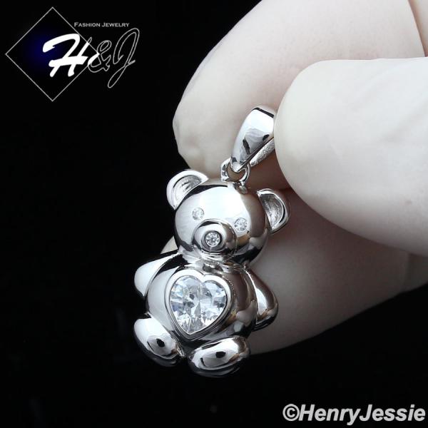 WOMEN 925 STERLING SILVER ICY HEART CZ GOLD PLATED/SILVER BABY BEAR PENDANT*P392