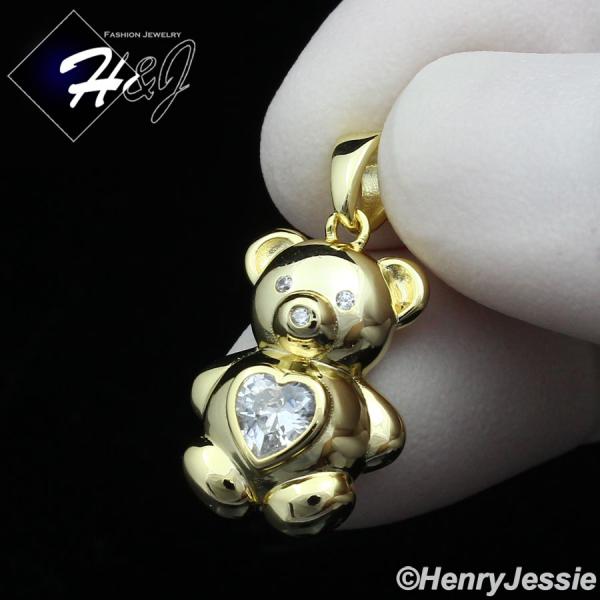 WOMEN 925 STERLING SILVER ICY HEART CZ GOLD PLATED/SILVER BABY BEAR PENDANT*P392