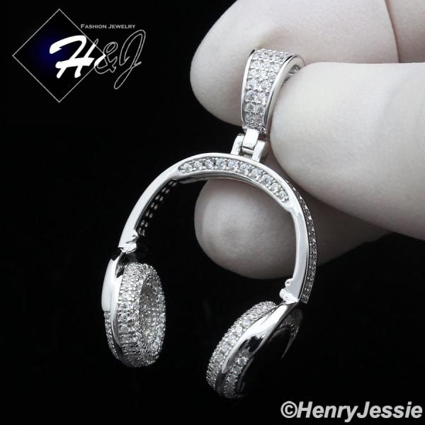 MEN 925 STERLING SILVER ICY BLING CZ GOLD PLATED/SILVER 3D HEADPHONE PENDANT*P401