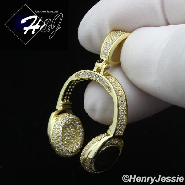 MEN 925 STERLING SILVER ICY BLING CZ GOLD PLATED/SILVER 3D HEADPHONE PENDANT*P401